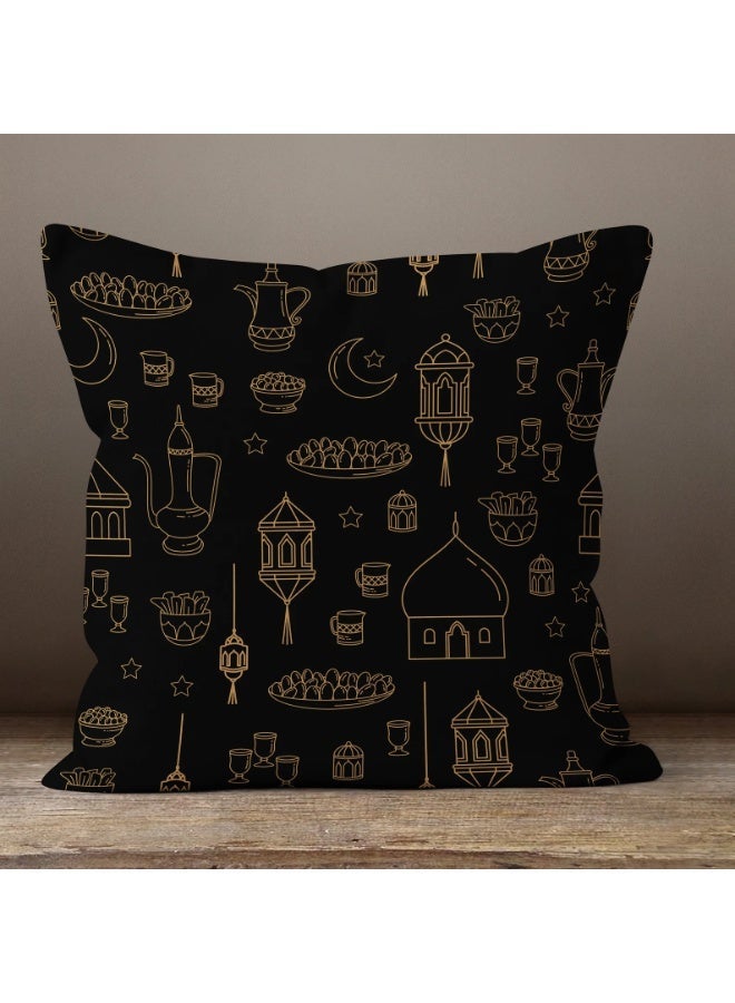 وسادة رمضانية أنيقة من الكتان الذهبي، مربعة الشكل، مقاس 45×45 سم، بوجهين من ، مناسبة للأرائك والكراسي، تُضفي لمسة جمالية أنيقة على ديكور المنزل خلال شهر رمضان. - Image 4